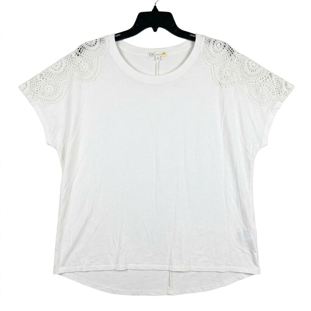 C&C California White‎ Lace Crochet Shoulder Top 2X Plus Size Cotton Blend